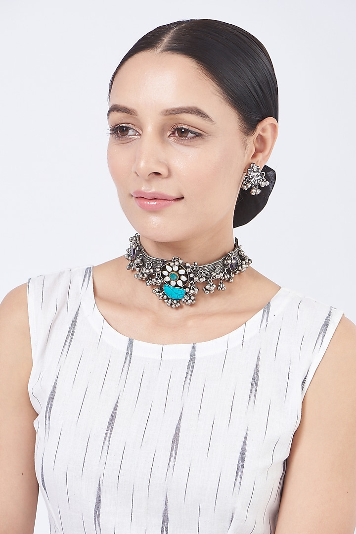 Oxidised Silver Finish Floral Choker Necklace Set by 20AM at Pernia's Pop  Up Shop