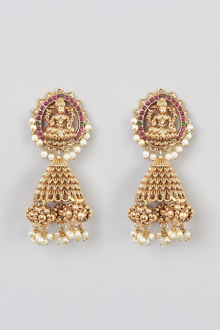 Gold Finish White Stone Jhumka Earrings by 20AM at Pernia's Pop Up Shop