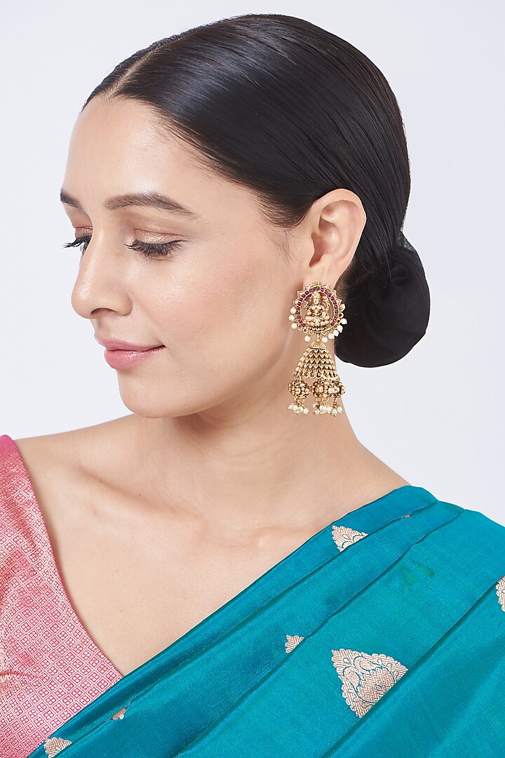 Gold Finish White Stone Jhumka Earrings by 20AM