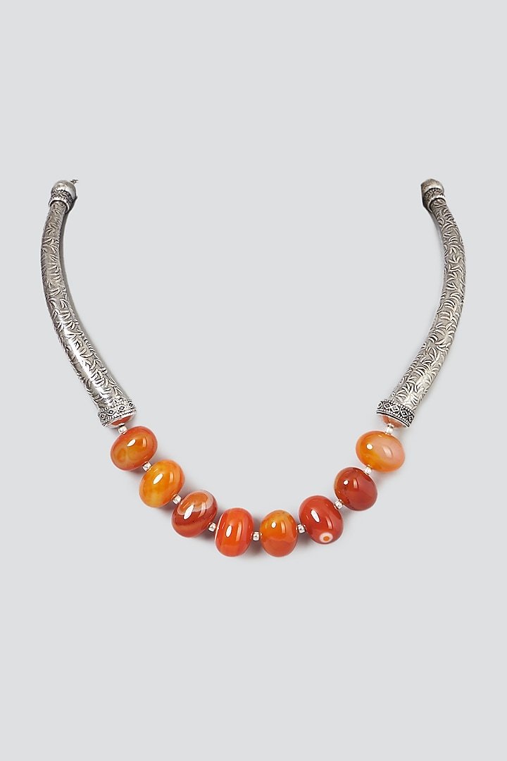 Oxidised Silver Finish Beaded Carved Necklace by 20AM at Pernia's Pop Up Shop