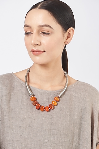 Oxidised Silver Finish Beaded Carved Necklace by 20AM