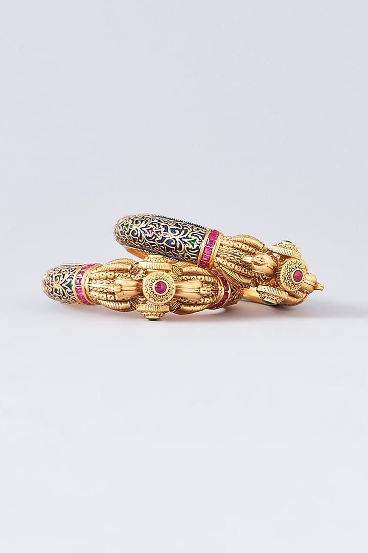 Gold Finish Multi-Colored Stone Enamelled Bangles&nbsp;(Set&nbsp;of&nbsp;2) by 20AM at Pernia's Pop Up Shop