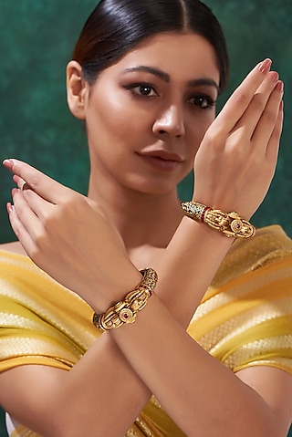 Gold Finish Multi-Colored Stone Enamelled Bangles&nbsp;(Set&nbsp;of&nbsp;2) by 20AM