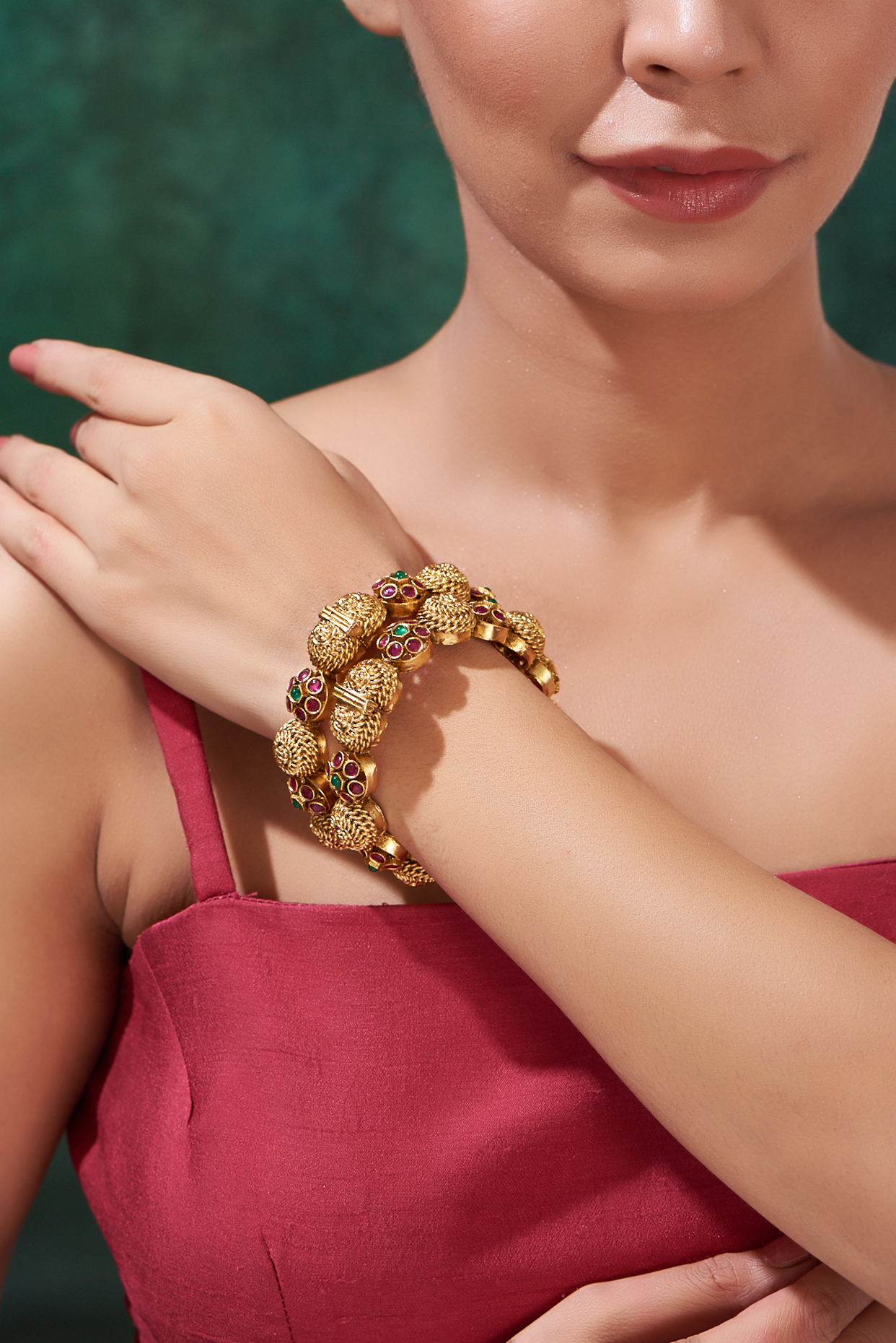 Gold Finish Multi-Colored Stone Bangles (Set Of 2) by 20AM at Pernia's Pop Up Shop
