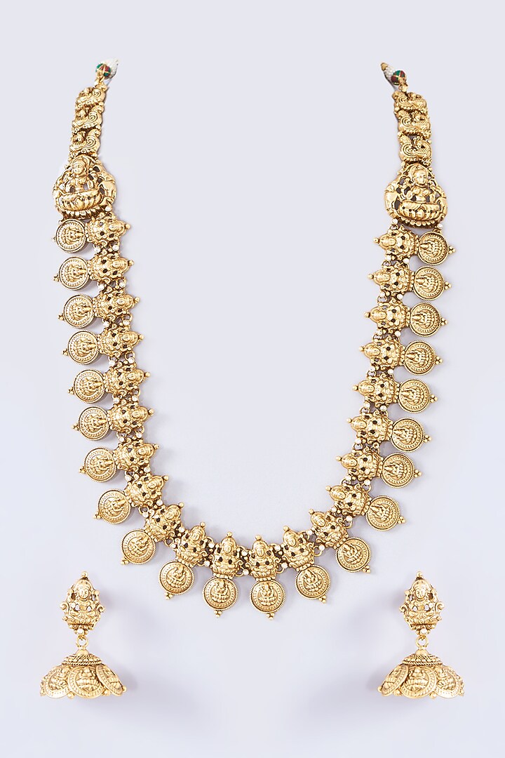 Gold Finish Temple Long Necklace Set by 20AM at Pernia's Pop Up Shop