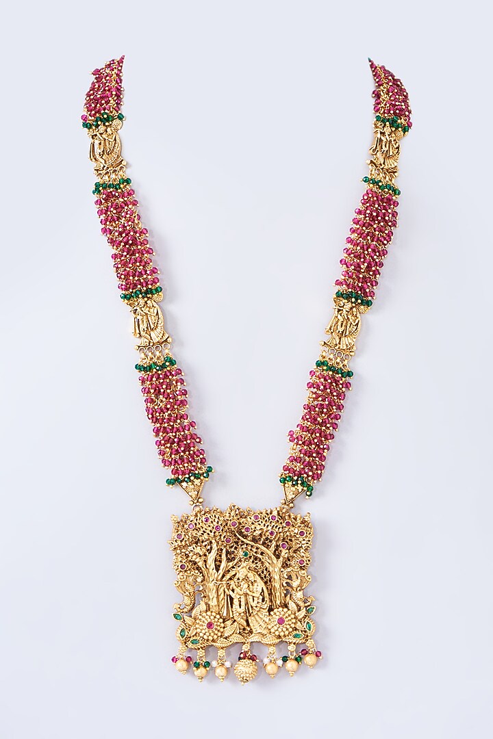 Gold Finish Red & Green Stone Carved Long Necklace Set by 20AM at Pernia's Pop Up Shop