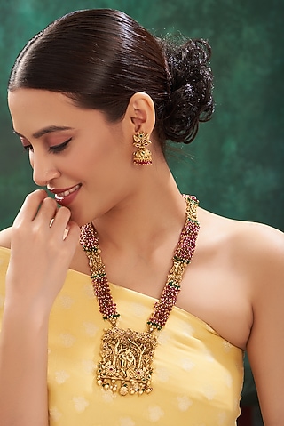 Gold Finish Red & Green Stone Carved Long Necklace Set by 20AM