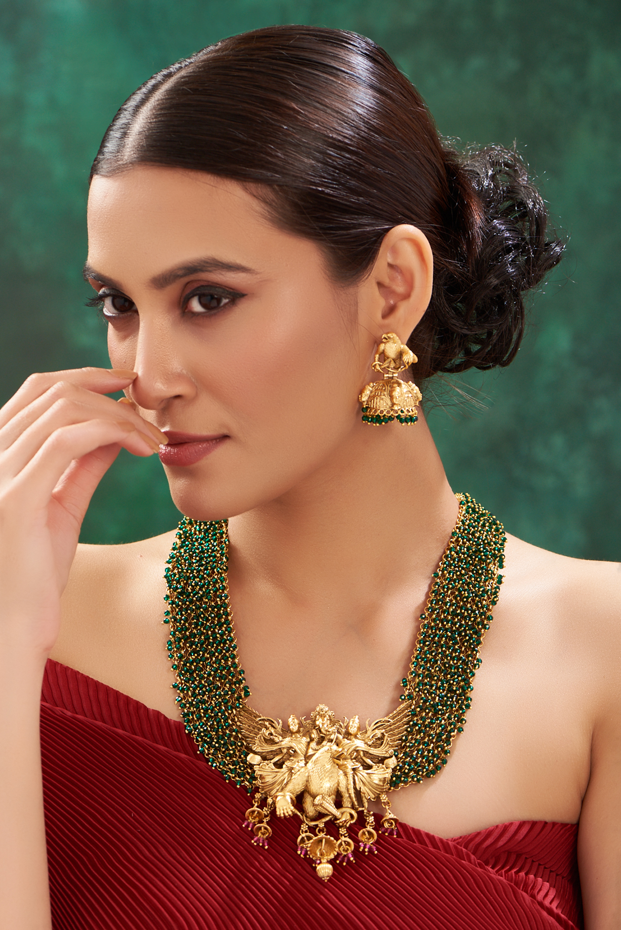 Gold Finish Green Stone Carved Long Necklace Set by 20AM at Pernia's Pop Up Shop