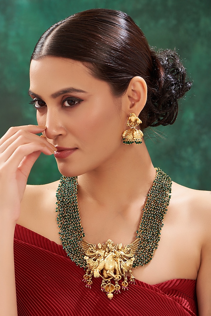 Gold Finish Green Stone Carved Long Necklace Set by 20AM at Pernia's Pop Up Shop
