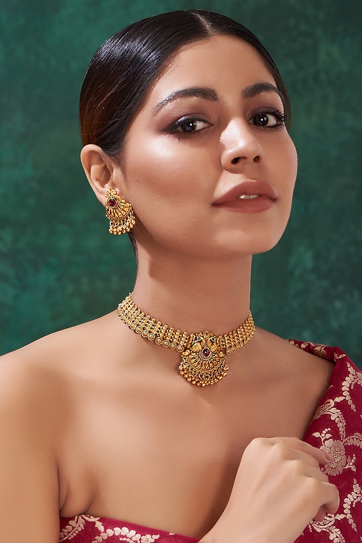 Gold Finish Multi-Colored Stone Floral Carved Necklace Set by 20AM at Pernia's Pop Up Shop