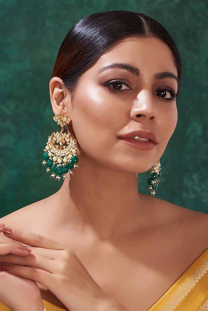 Gold Finish Kundan Polki & Green Stone Chandbaali Earrings by 20AM at Pernia's Pop Up Shop