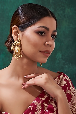 Gold Finish Kundan Polki & Metal Ball Dangler Earrings by 20AM