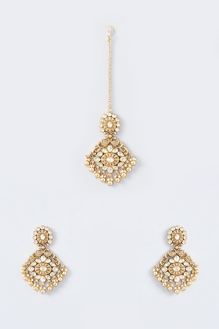 Gold Finish Kundan Polki & Metal Ball Dangler Earrings With Maangtikka by 20AM at Pernia's Pop Up Shop