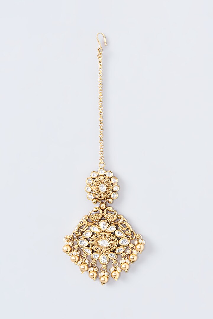 Gold Finish Kundan Polki & Metal Ball Dangler Earrings With Maangtikka by 20AM at Pernia's Pop Up Shop