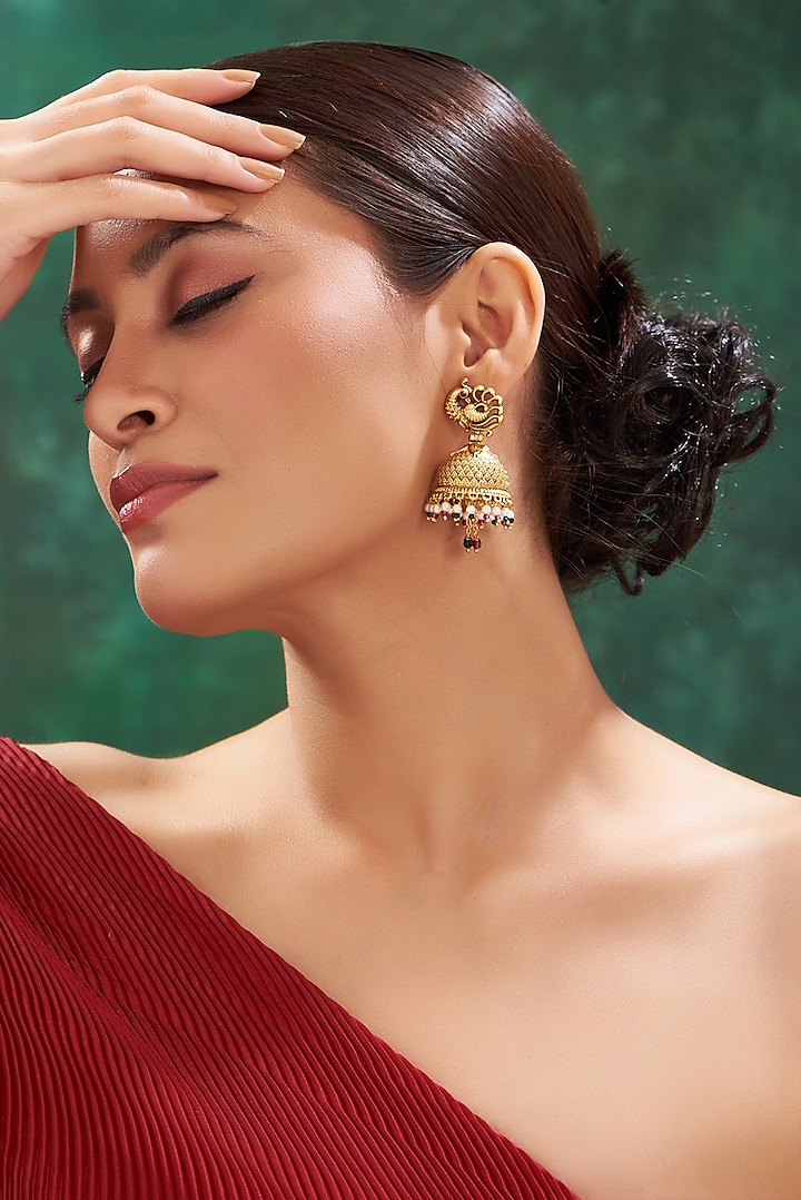 Gold Finish Multi-Colored Beaded Motif Dangler Earrings by 20AM