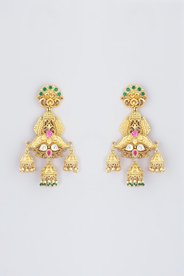 Gold Finish Kundan Polki & Beaded Temple Dangler Earrings by 20AM at Pernia's Pop Up Shop