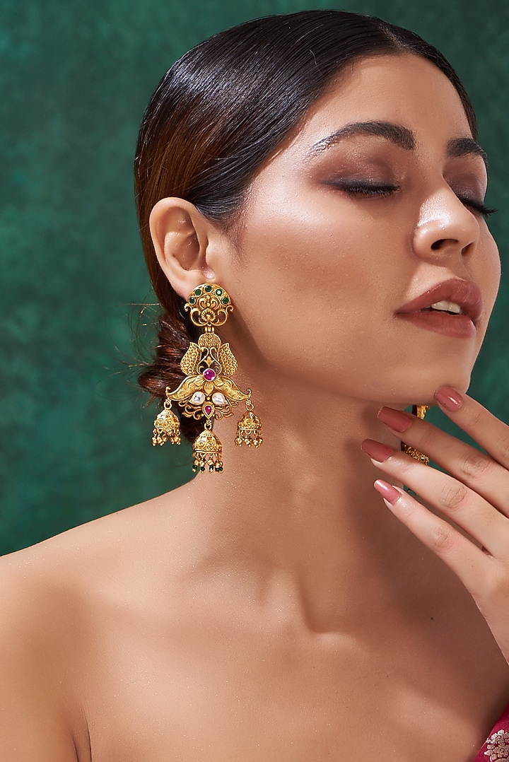 Gold Finish Kundan Polki & Beaded Temple Dangler Earrings by 20AM at Pernia's Pop Up Shop