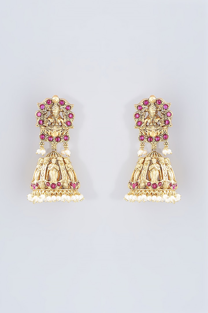 Gold Finish Magenta Stone & Beaded Temple Dangler Earrings by 20AM