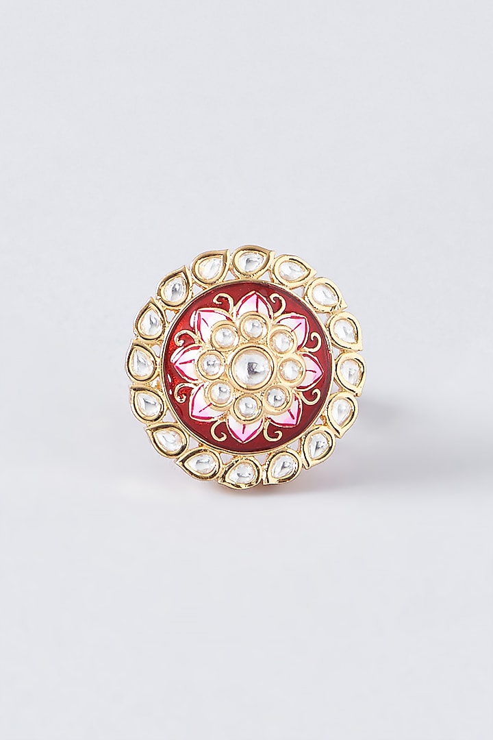 Gold Finish Kundan Polki Enamelled Ring by 20AM at Pernia's Pop Up Shop