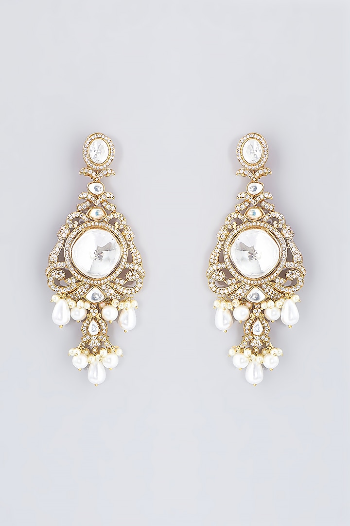 Gold Finish Kundan Polki & Zircon Dangler Earrings by 20AM at Pernia's Pop Up Shop