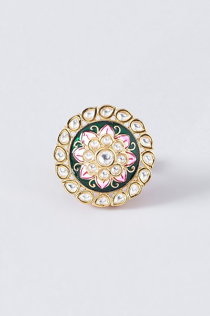 Gold Finish Kundan Polki Enamelled Ring by 20AM at Pernia's Pop Up Shop