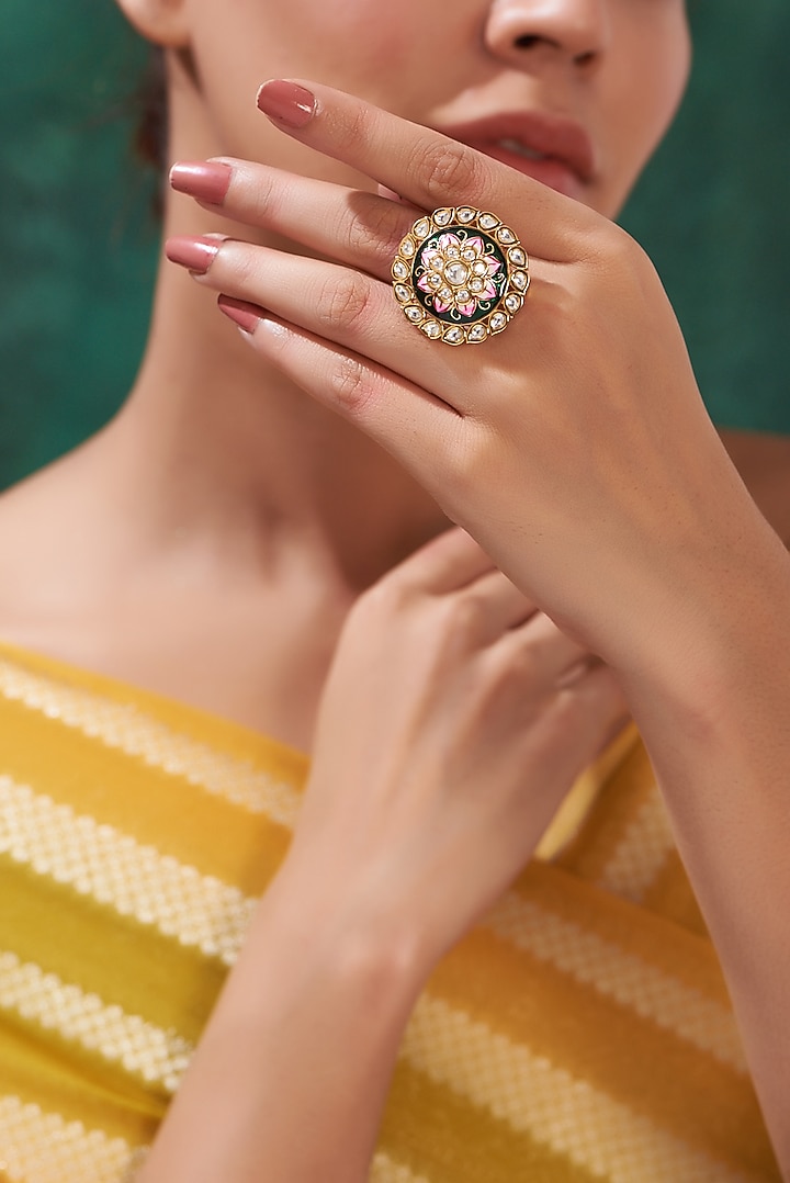 Gold Finish Kundan Polki Enamelled Ring by 20AM at Pernia's Pop Up Shop