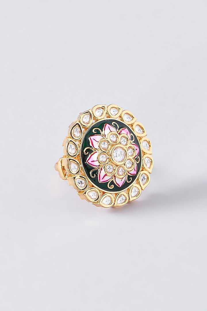 Gold Finish Kundan Polki Enamelled Ring by 20AM at Pernia's Pop Up Shop