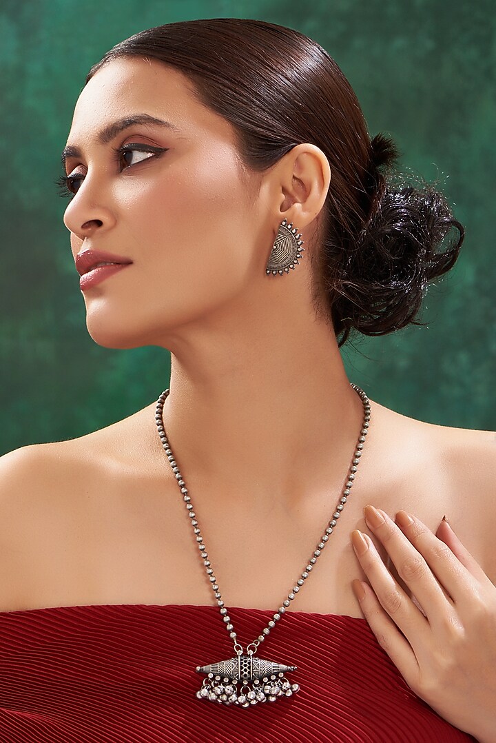 Oxidised Silver Finish Long Necklace Set by 20AM at Pernia's Pop Up Shop