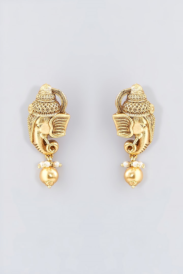 Gold Finish Metallic Ball Temple Dangler Earrings by 20AM at Pernia's Pop Up Shop
