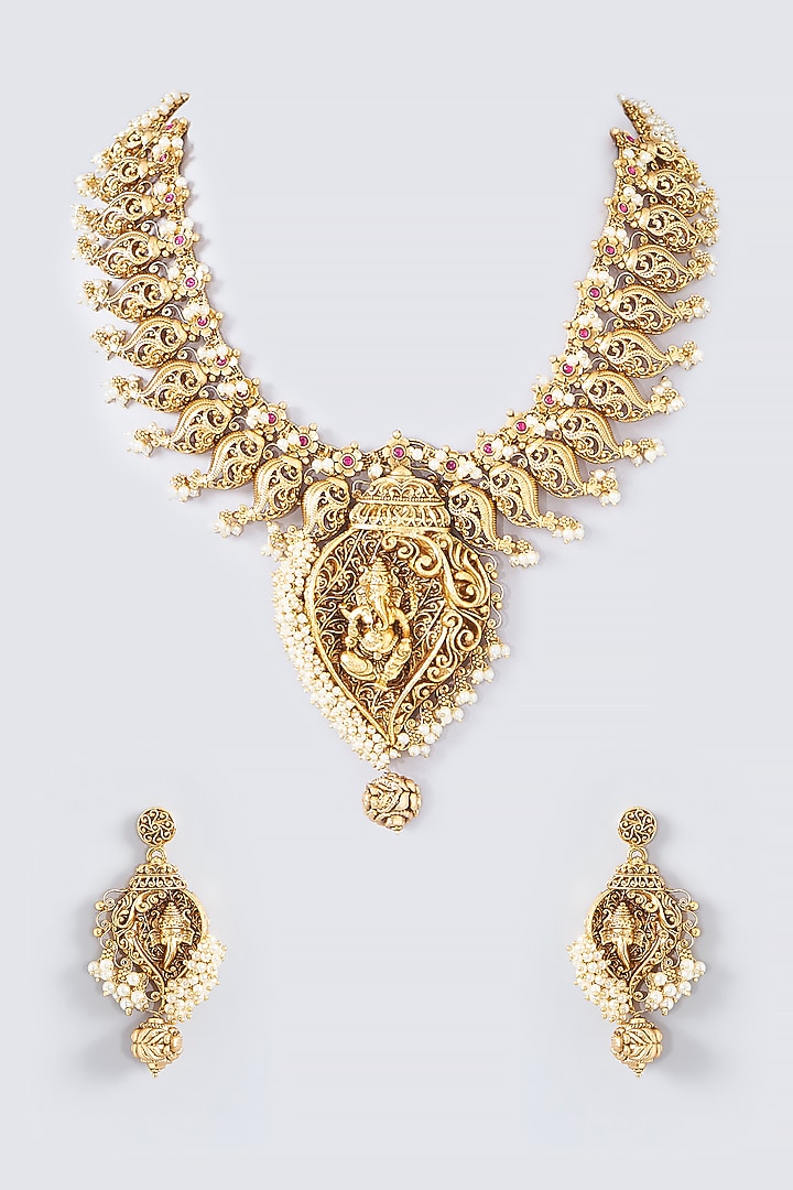 Gold Finish White Beaded Temple Necklace Set by 20AM at Pernia's Pop Up Shop