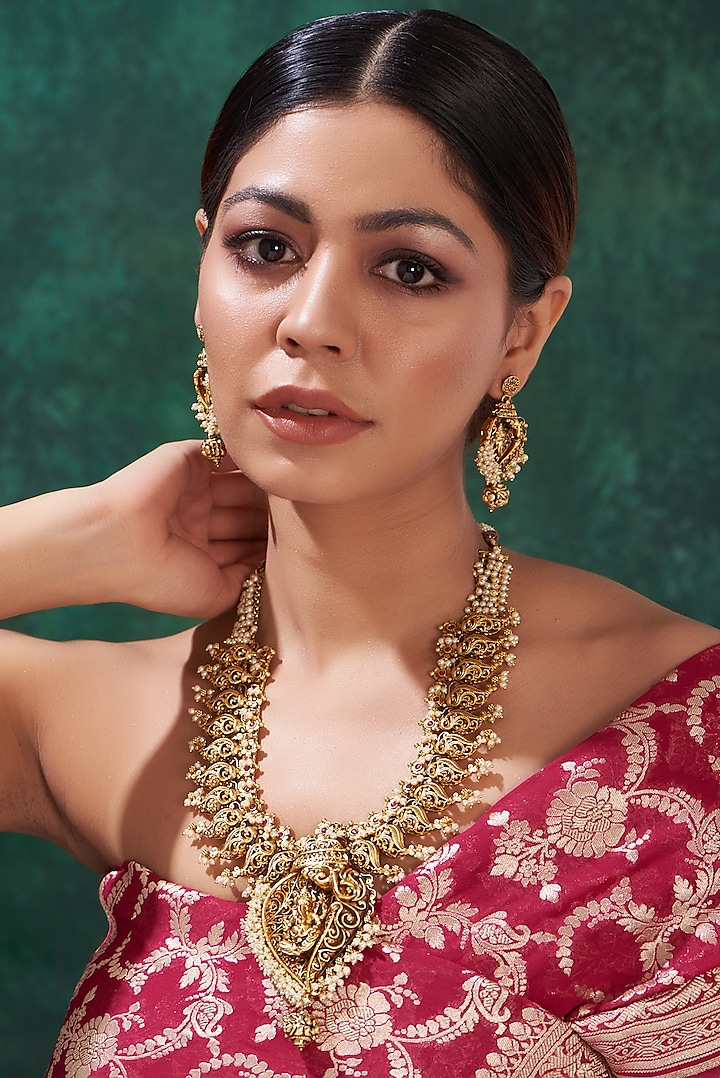 Gold Finish White Beaded Temple Necklace Set by 20AM at Pernia's Pop Up Shop