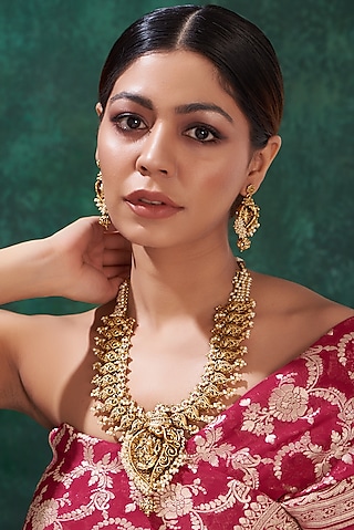 Gold Finish White Beaded Temple Necklace Set by 20AM