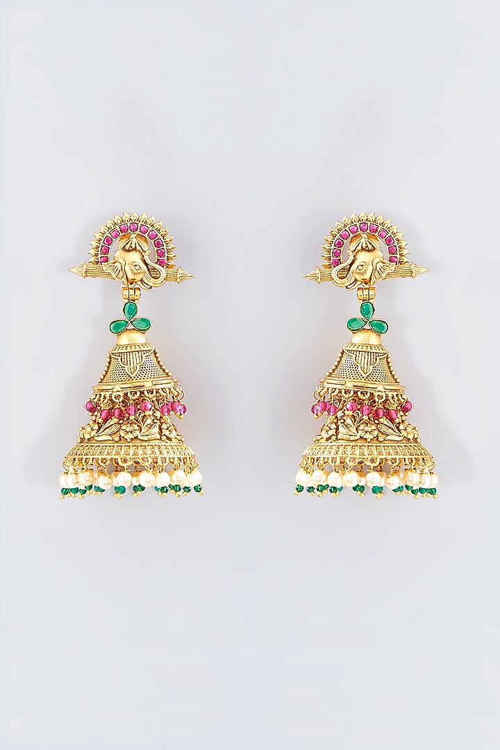 Gold Finish Pink & Green Stone Dangler Earrings by 20AM at Pernia's Pop Up Shop