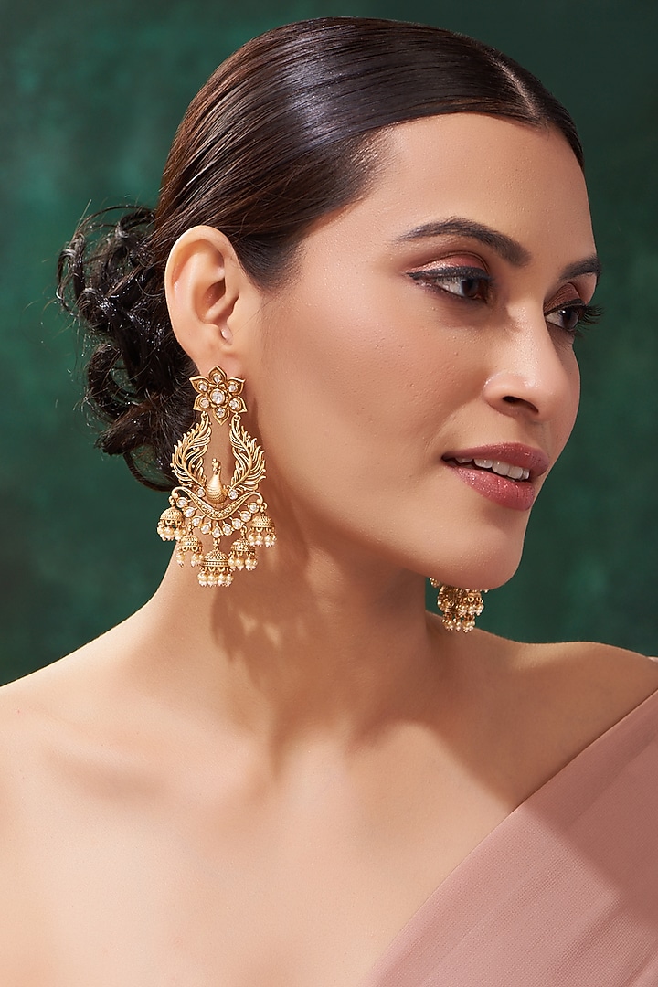 Gold Finish Kundan Polki & White Drop Dangler Earrings by 20AM at Pernia's Pop Up Shop