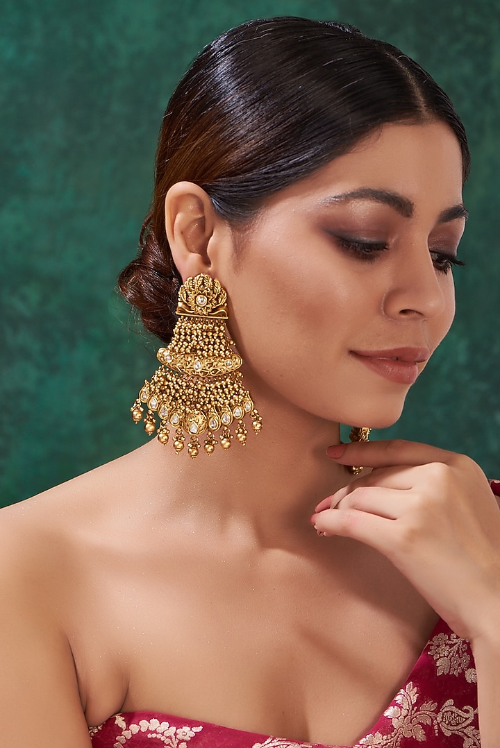 Gold Finish Kundan Polki & Metal Drop Dangler Earrings by 20AM at Pernia's Pop Up Shop