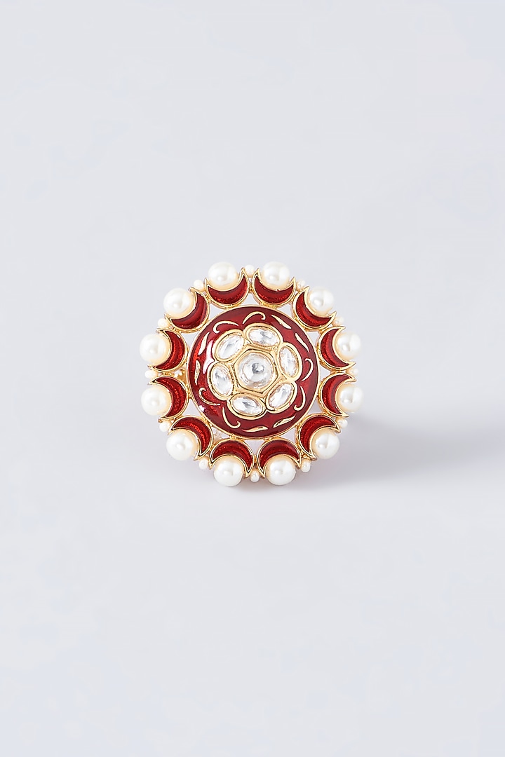 Gold Finish Kundan Polki Enameled Ring by 20AM at Pernia's Pop Up Shop