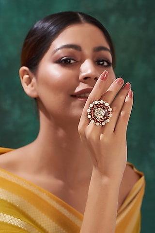 Gold Finish Kundan Polki Enameled Ring by 20AM