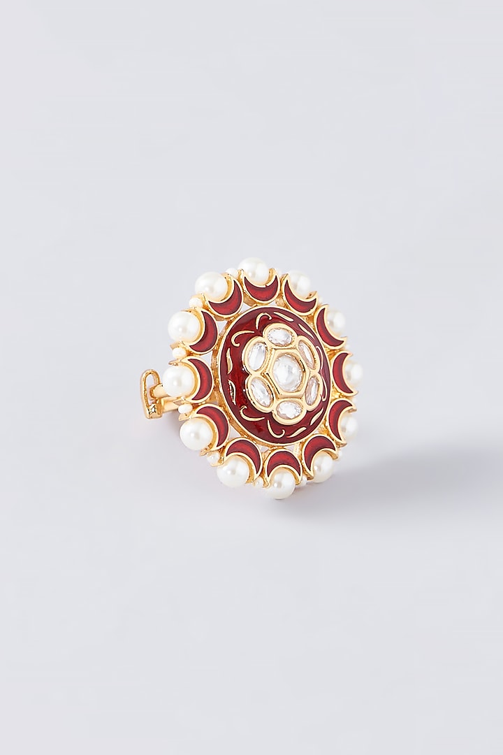 Gold Finish Kundan Polki Enameled Ring by 20AM at Pernia's Pop Up Shop