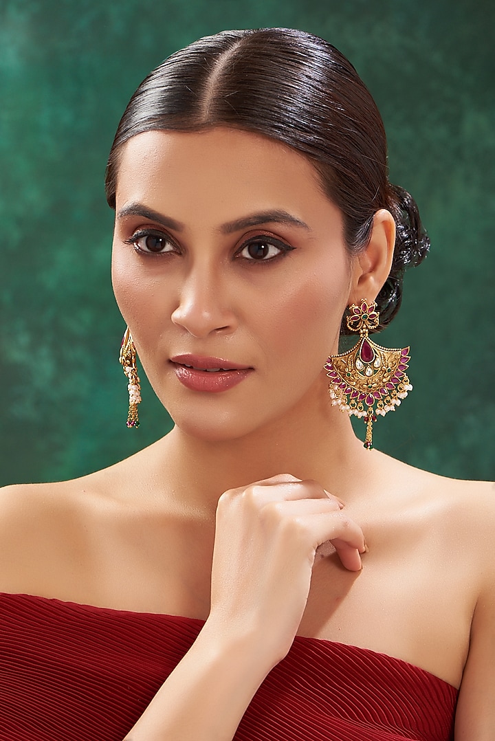 Gold Finish Pink Beaded Dangler Earrings by 20AM at Pernia's Pop Up Shop