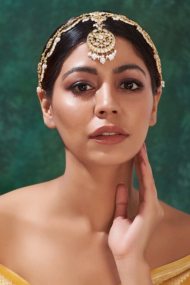 Gold Finish Kundan Polki & Pearl Matha Patti by 20AM at Pernia's Pop Up Shop