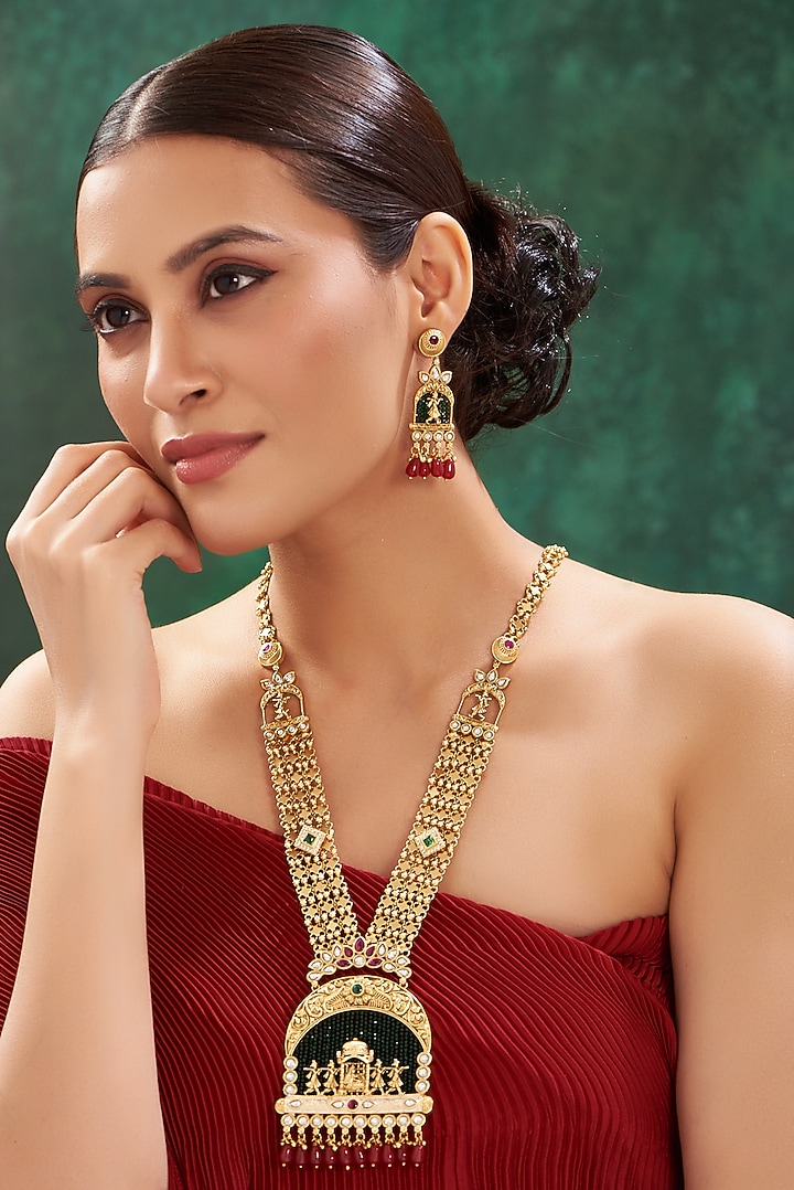 Gold Finish Long Temple Necklace Set by 20AM at Pernia's Pop Up Shop