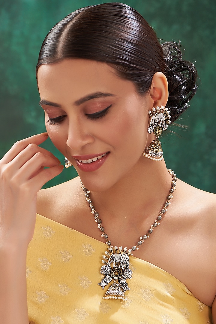 Two Tone Finish Textured Long Necklace Set by 20AM at Pernia's Pop Up Shop