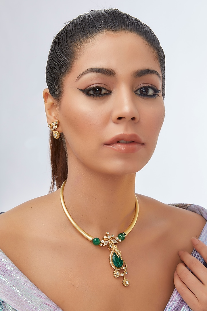 Gold Finish Floral Motifs & Emerald Green Necklace Set by 20AM at Pernia's Pop Up Shop