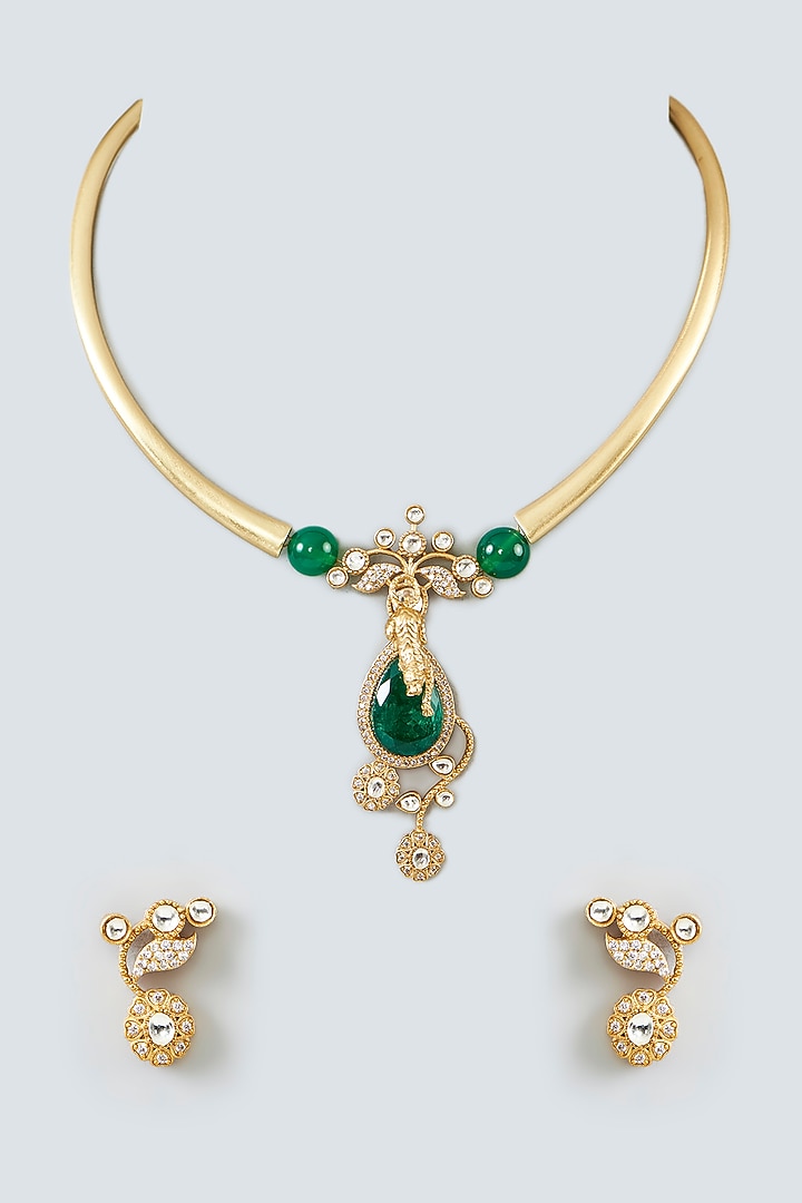 Gold Finish Floral Motifs & Emerald Green Necklace Set by 20AM at Pernia's Pop Up Shop