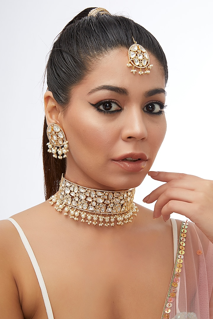 Gold Finish Kundan Polki & Pearl Drop Choker Necklace Set by 20AM at Pernia's Pop Up Shop