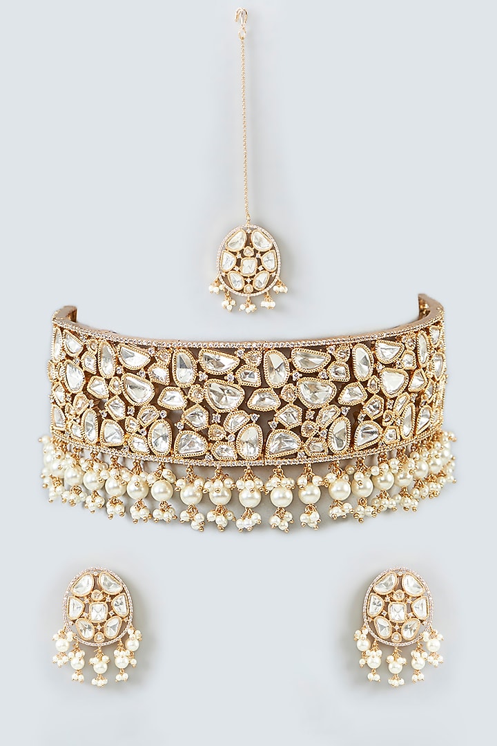 Gold Finish Kundan Polki & Pearl Drop Choker Necklace Set by 20AM at Pernia's Pop Up Shop