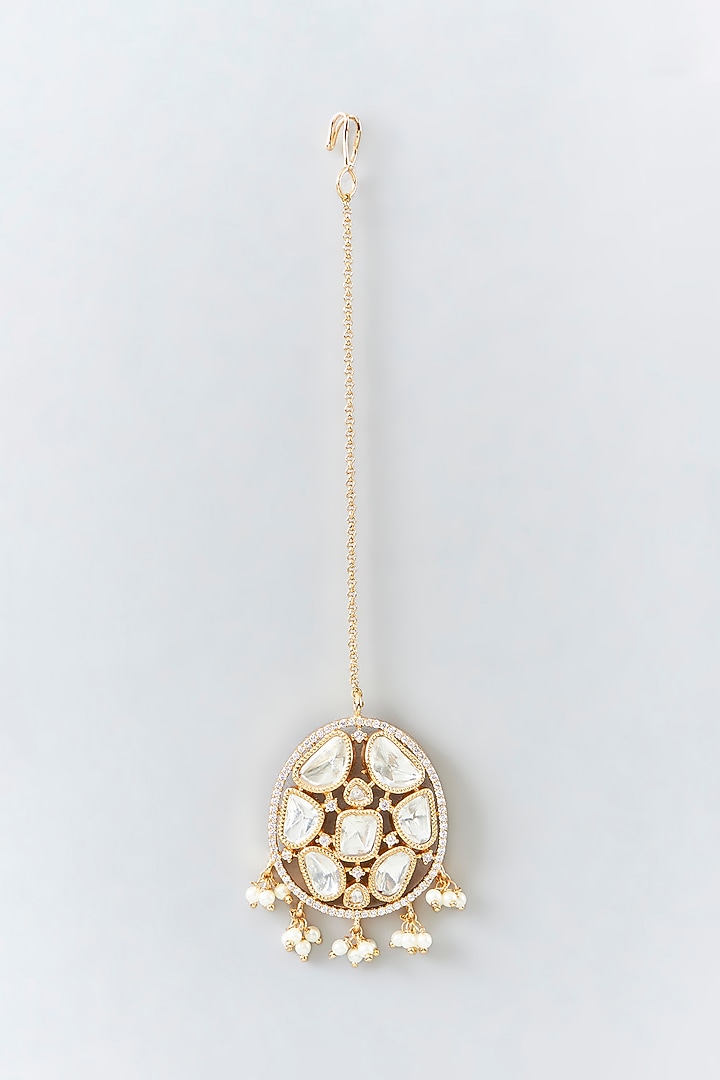 Gold Finish Kundan Polki & Pearl Drop Choker Necklace Set by 20AM at Pernia's Pop Up Shop