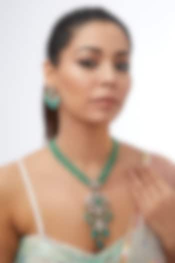 Gold Finish Kundan Polki & Green Carved Stone Long Necklace Set by 20AM at Pernia's Pop Up Shop