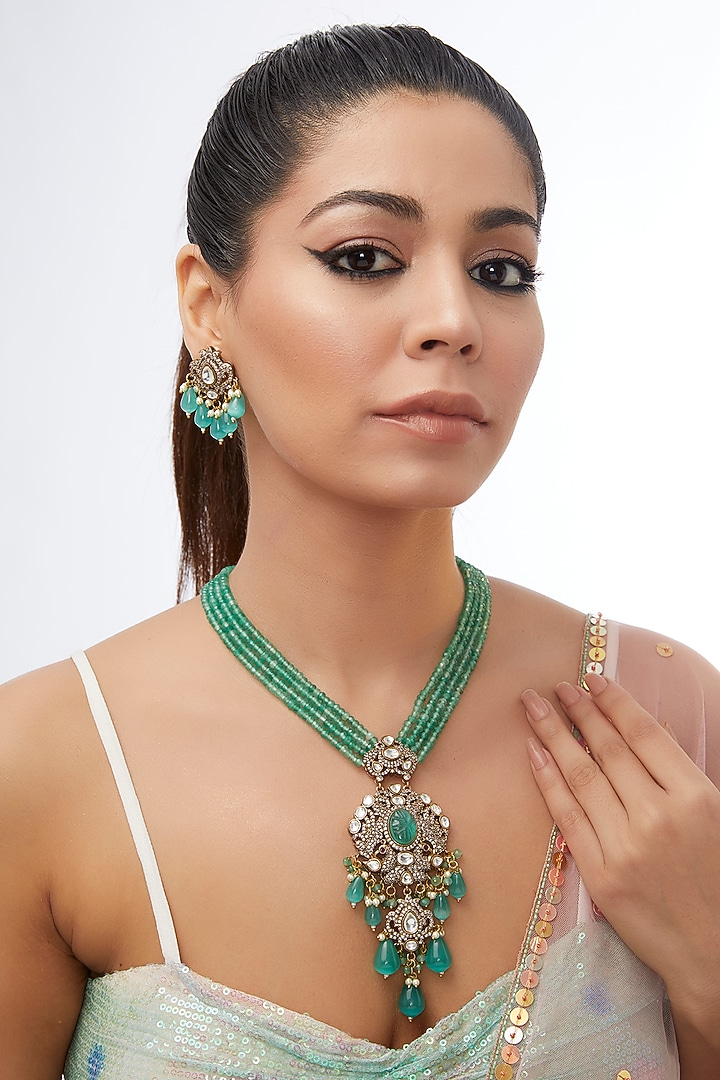Gold Finish Kundan Polki & Green Carved Stone Long Necklace Set by 20AM at Pernia's Pop Up Shop