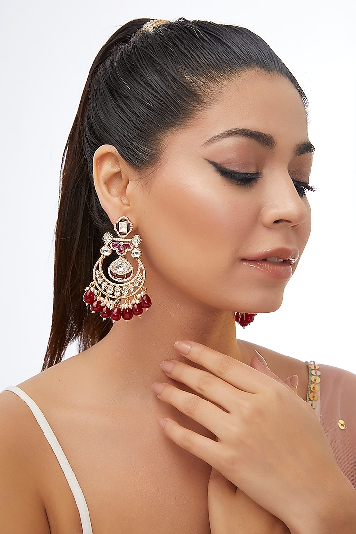 Gold Finish Kundan Polki & Red Stone Dangler Earrings by 20AM at Pernia's Pop Up Shop
